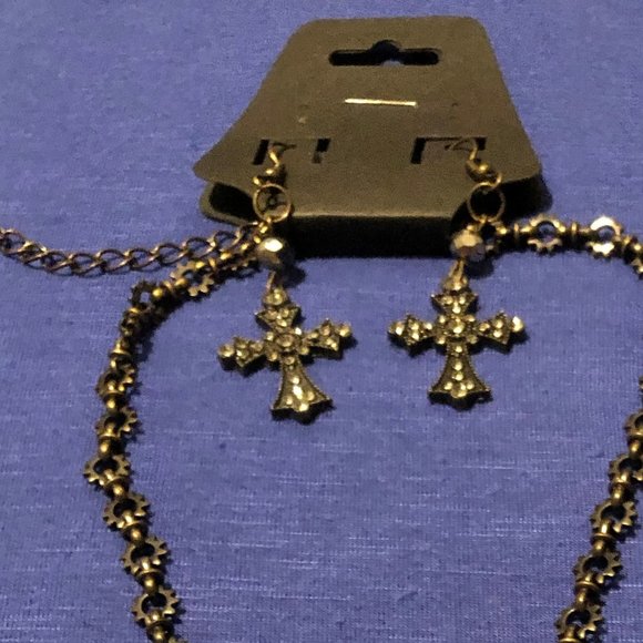 Antique Gold and Clear Rhinestone Cross Necklace and Earring Set - Picture 4 of 4
